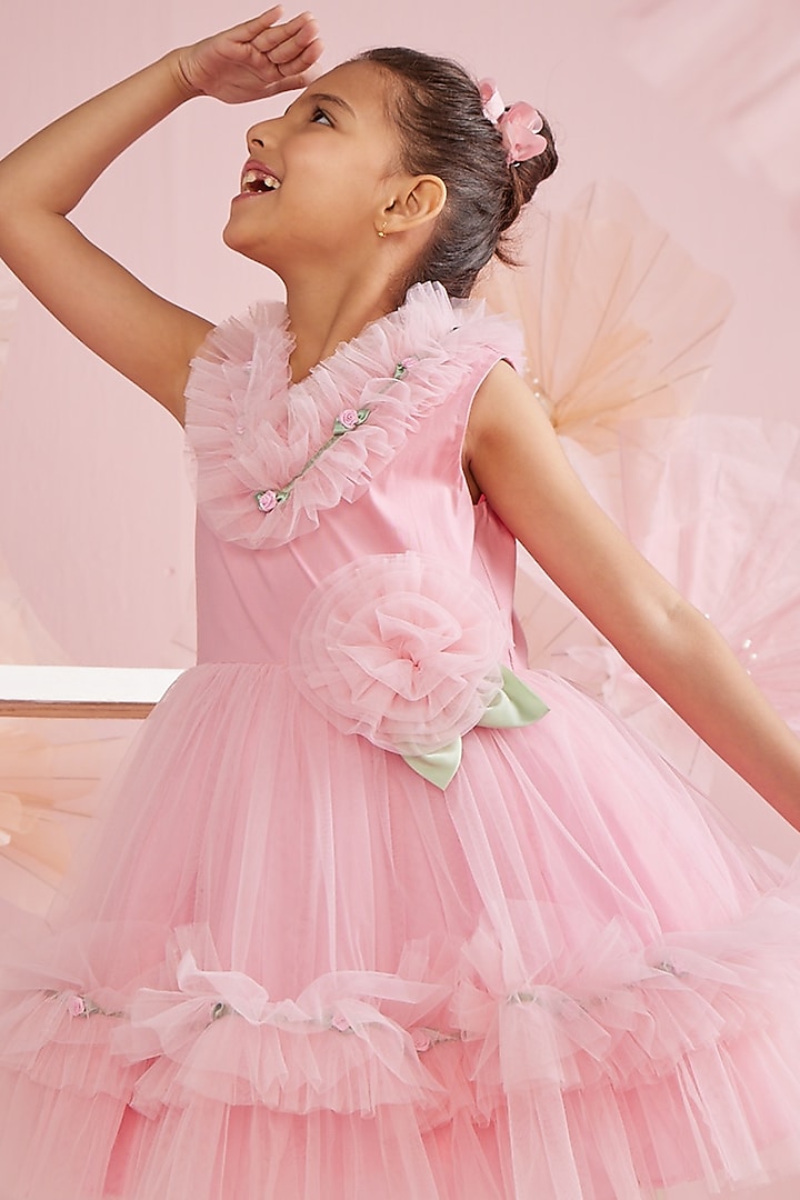 Pink Cotton Lycra & Net Ruffled Dress For Girls by PNK Isha Arora (Pink) at Pernia's Pop Up Shop