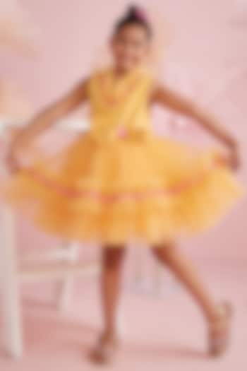 Orange Cotton Lycra & Net Ruffled Dress For Girls by PNK Isha Arora (Pink)