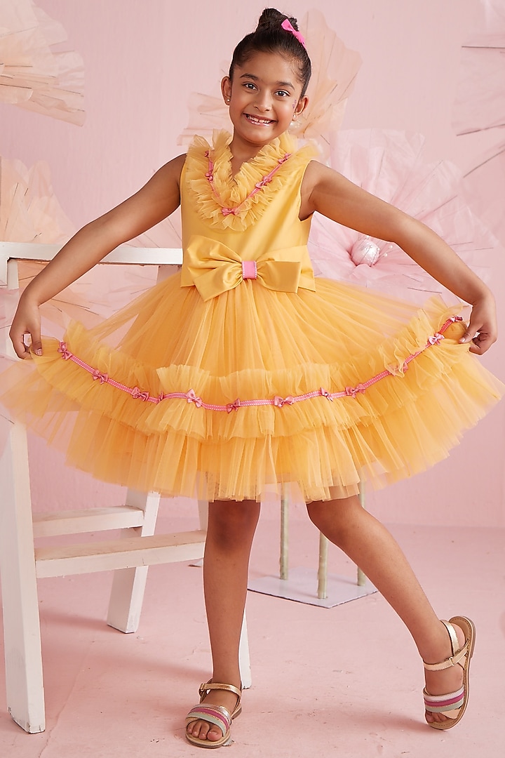 Orange Cotton Lycra & Net Ruffled Dress For Girls by PNK Isha Arora (Pink)