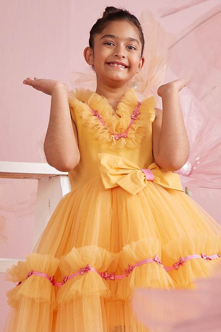 Orange Cotton Lycra & Net Ruffled Dress For Girls by PNK Isha Arora (Pink) at Pernia's Pop Up Shop