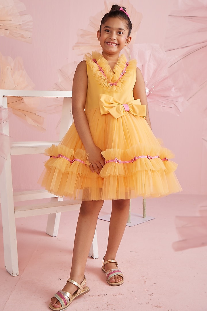 Orange Cotton Lycra & Net Ruffled Dress For Girls by PNK Isha Arora (Pink) at Pernia's Pop Up Shop