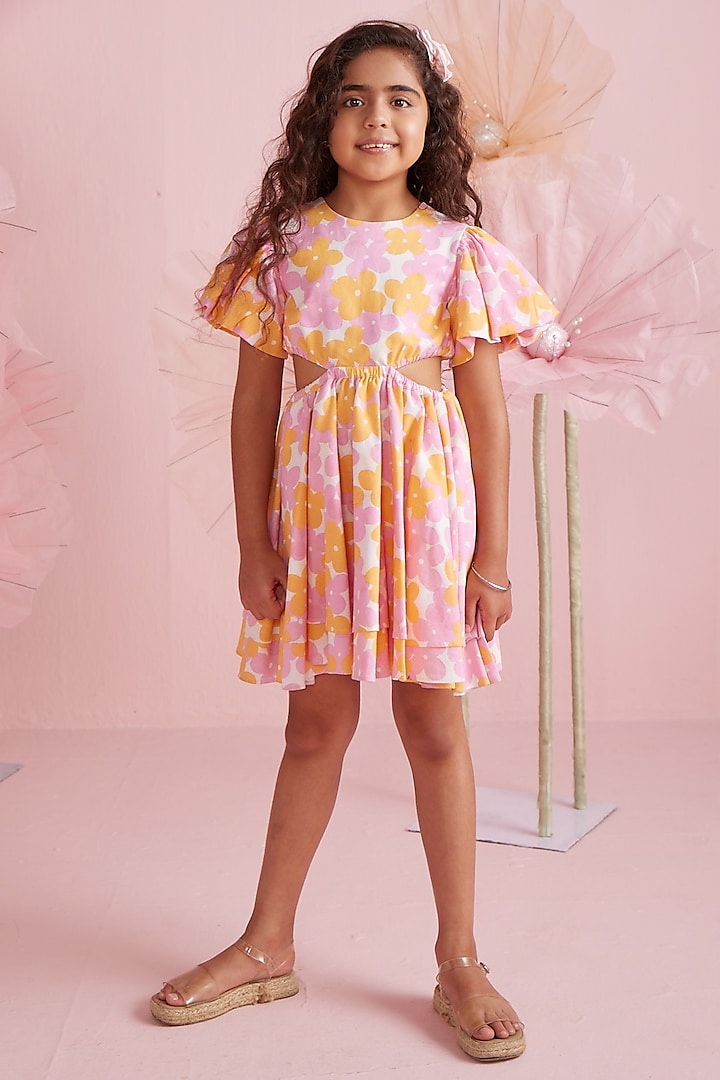 Pink Pure Cotton Layered Floral Dress For Girls by PNK Isha Arora (Pink)