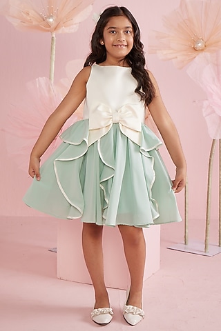 Ivory & Green Georgette Dress For Girls by PNK Isha Arora (Pink)
