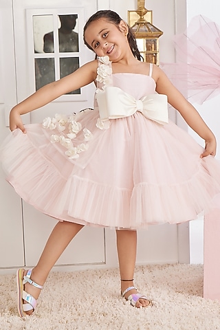 Soft Pink Taffeta & Net Jacket Dress For Girls by PNK Isha Arora (Pink)