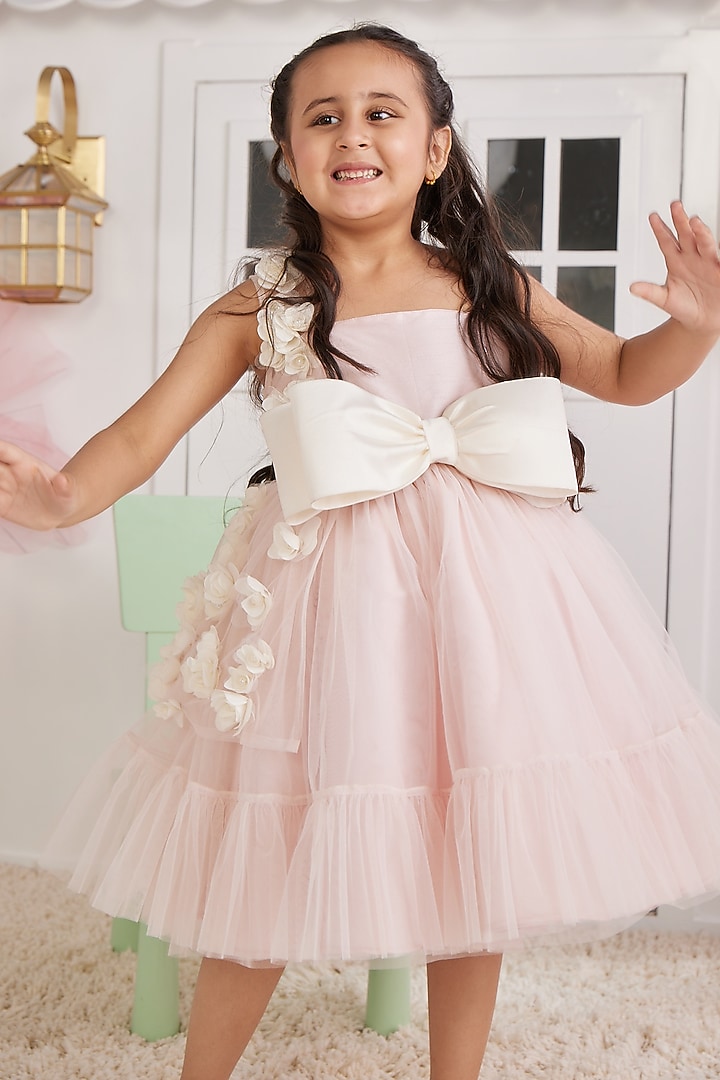 Soft Pink Taffeta & Net Jacket Dress For Girls by PNK Isha Arora (Pink) at Pernia's Pop Up Shop