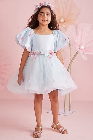 Pastel Blue Dupion & Net Dress For Girls by PNK Isha Arora (Pink)