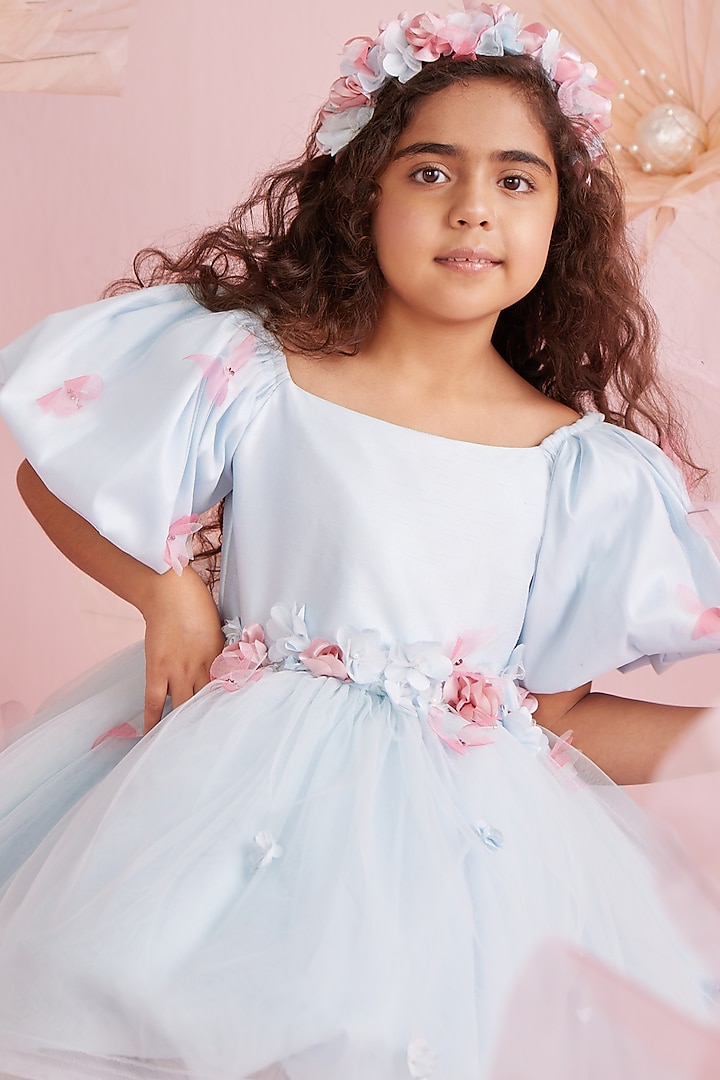 Pastel Blue Dupion & Net Dress For Girls by PNK Isha Arora (Pink) at Pernia's Pop Up Shop