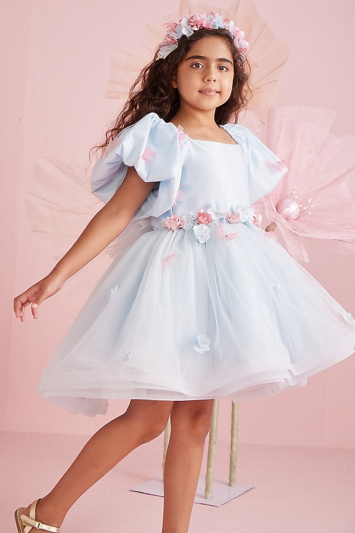 Pastel Blue Dupion & Net Dress For Girls by PNK Isha Arora (Pink) at Pernia's Pop Up Shop