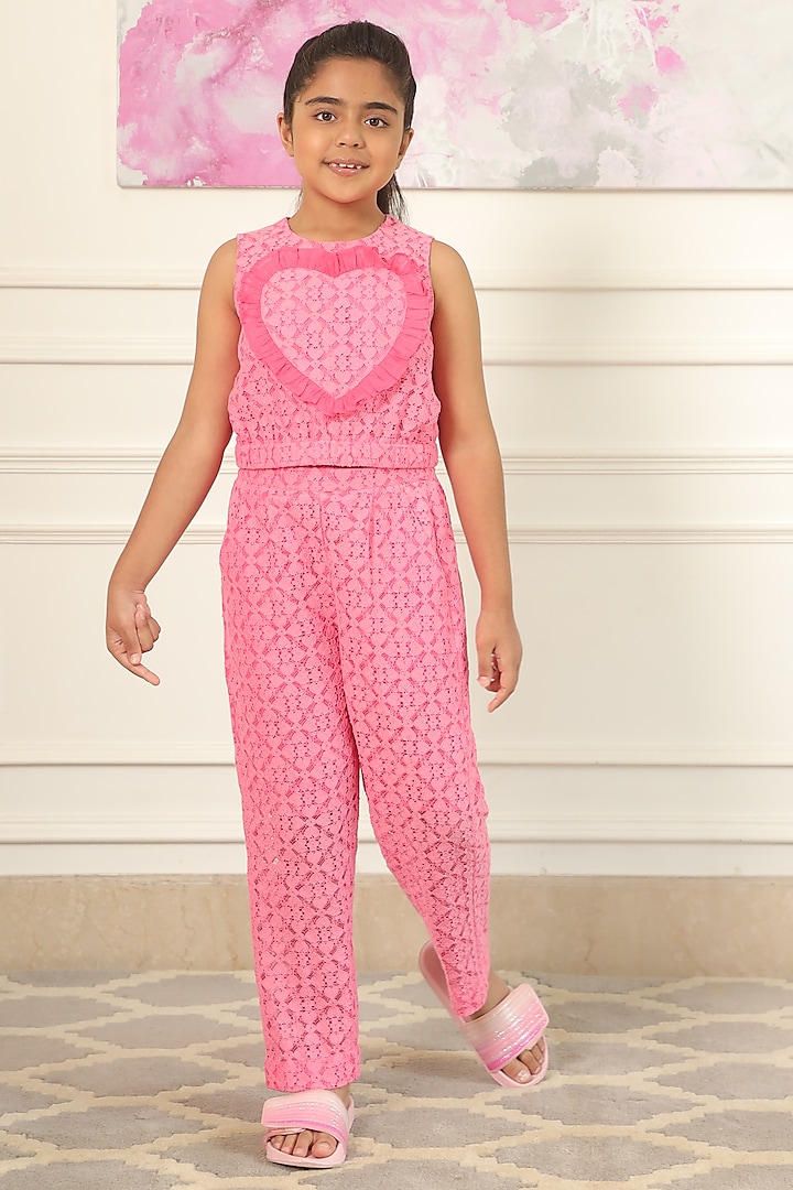 Neon Pink Blended Lace Embroidered Co-Ord Set For Girls by PNK Isha Arora (Pink) at Pernia's Pop Up Shop