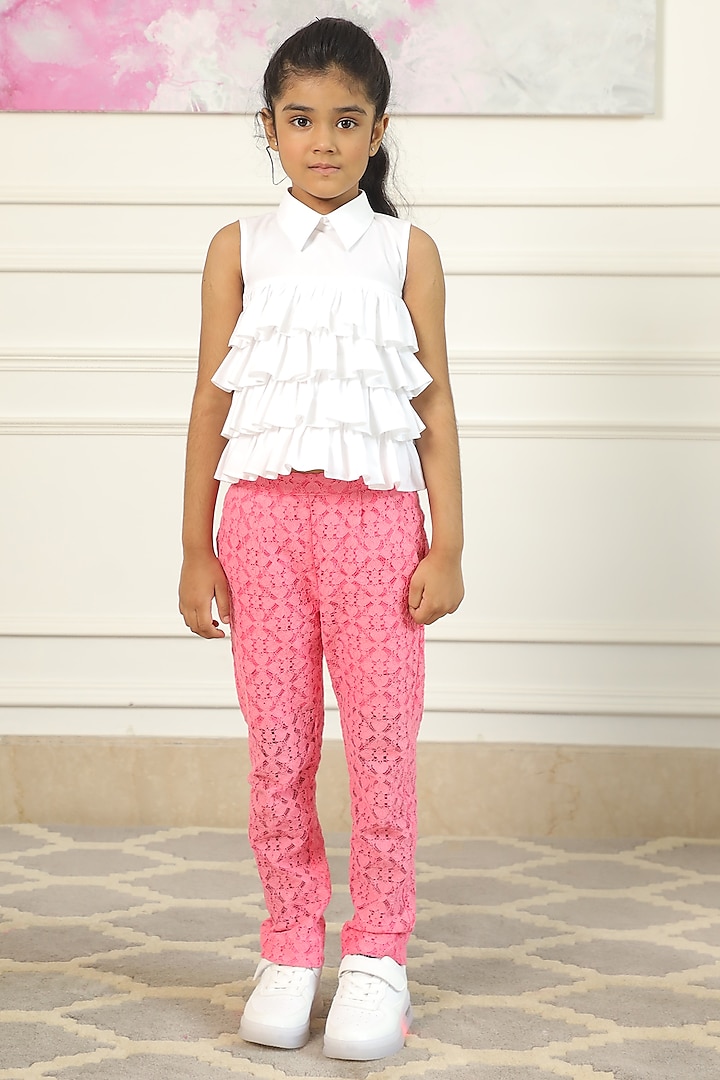 Neon Pink Lace Fabric Pant Set For Girls by PNK Isha Arora (Pink)