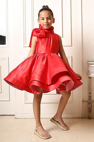 Red Matte Poly Satin & Georgette Dress For Girls by PNK Isha Arora (Pink)