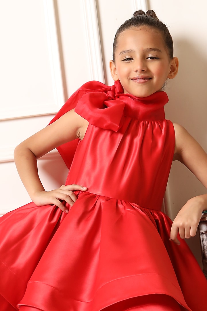 Red Matte Poly Satin & Georgette Dress For Girls by PNK Isha Arora (Pink) at Pernia's Pop Up Shop