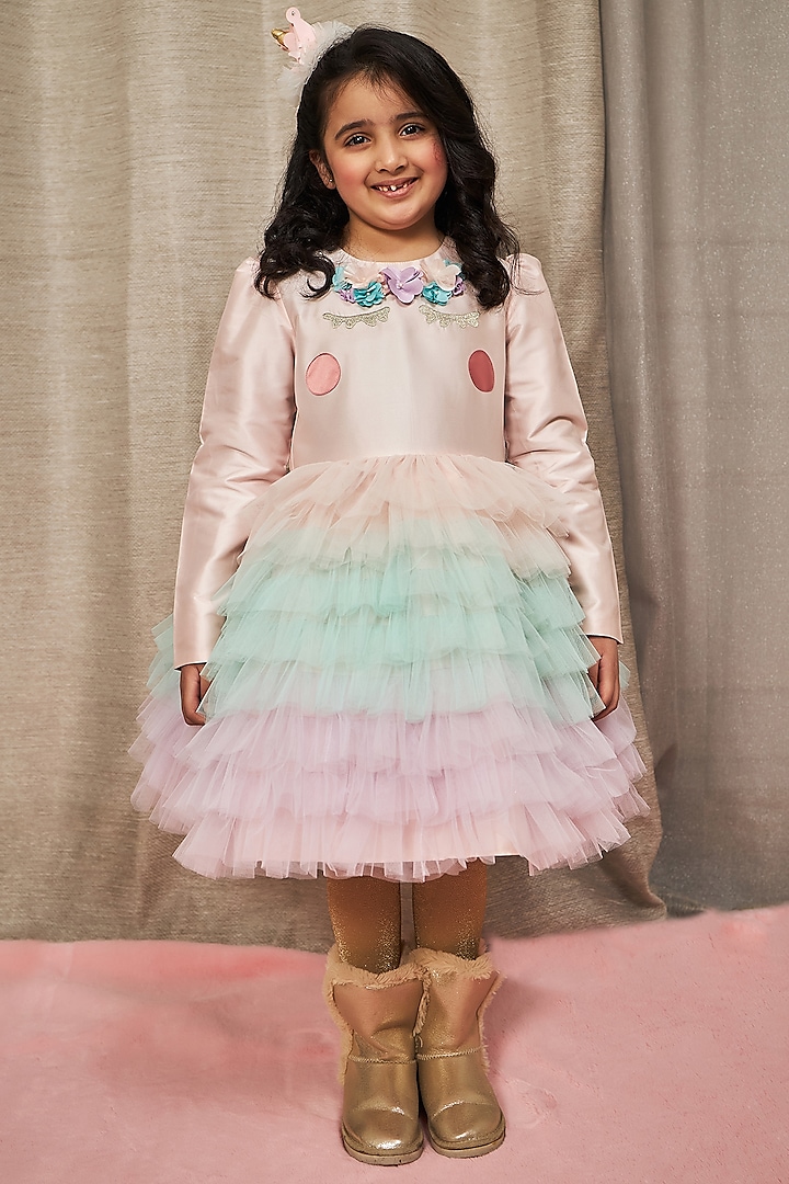 Blush Pink Net Unicorn Ruffled Dress For Girls by PNK Isha Arora (Pink)
