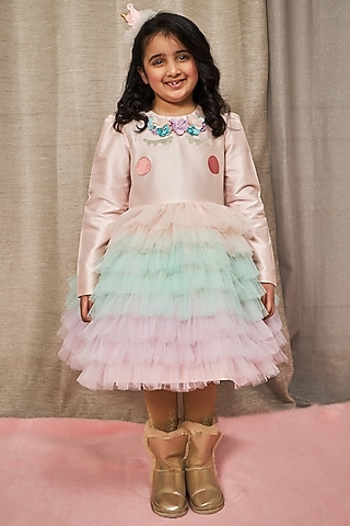 Blush Pink Net Unicorn Ruffled Dress For Girls by PNK Isha Arora (Pink)
