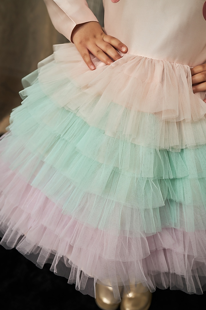 Blush Pink Net Unicorn Ruffled Dress For Girls by PNK Isha Arora (Pink) at Pernia's Pop Up Shop