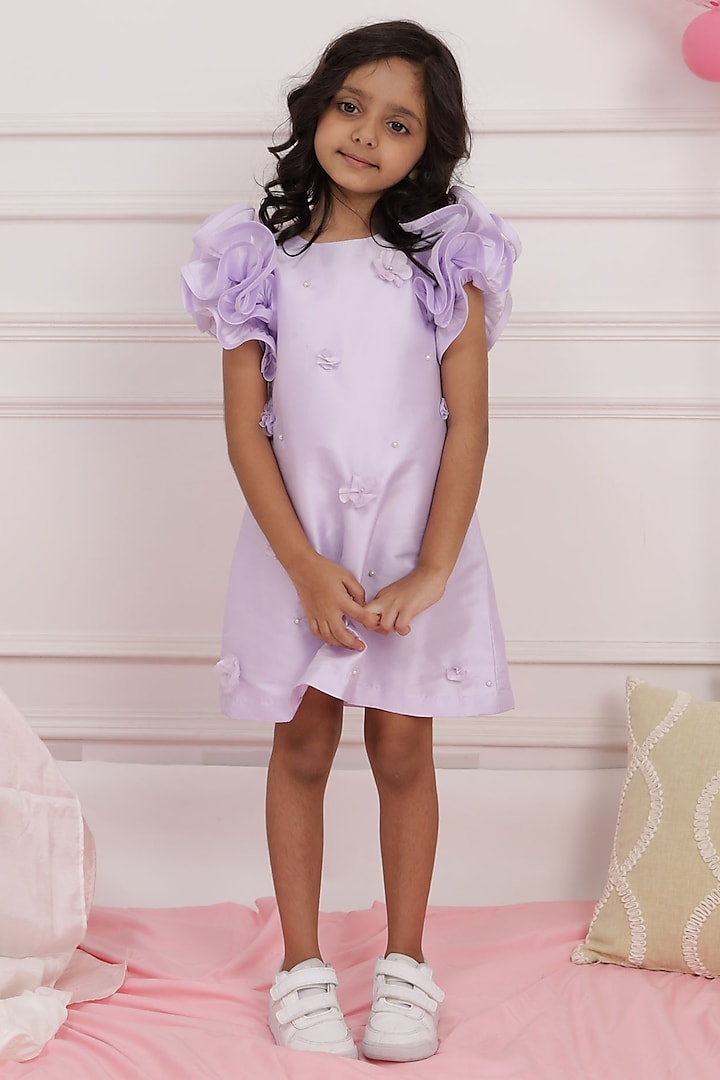 Lilac Poly Taffeta Shift Dress For Girls by PNK Isha Arora (Pink)