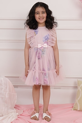 Pink Printed Gathered Dress For Girls by PNK Isha Arora (Pink)