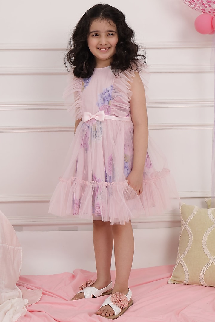 Pink Printed Gathered Dress For Girls by PNK Isha Arora (Pink) at Pernia's Pop Up Shop