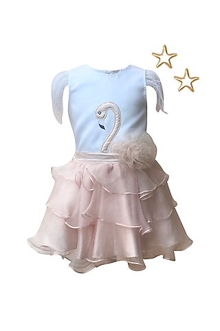 White & Light Peach Satin & Organza Ruffled Dress For Girls by PNK Isha Arora (Pink)