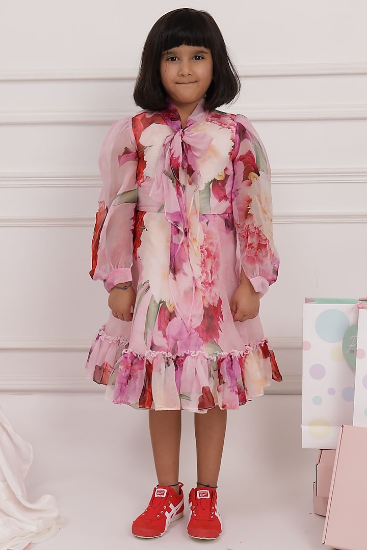 Multi-Colored Organza Printed Dress For Girls by PNK Isha Arora (Pink)