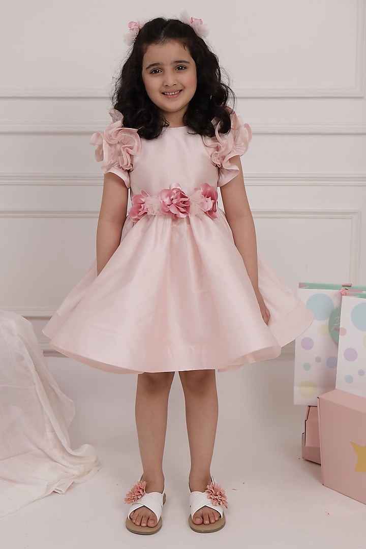 Soft Pink Taffeta & Cotton Flared Dress For Girls by PNK Isha Arora (Pink)