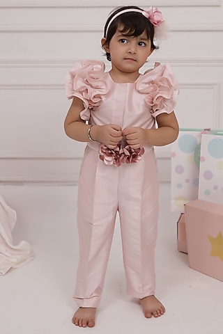 Soft Pink Taffeta & Cotton Jumpsuit For Girls by PNK Isha Arora (Pink)