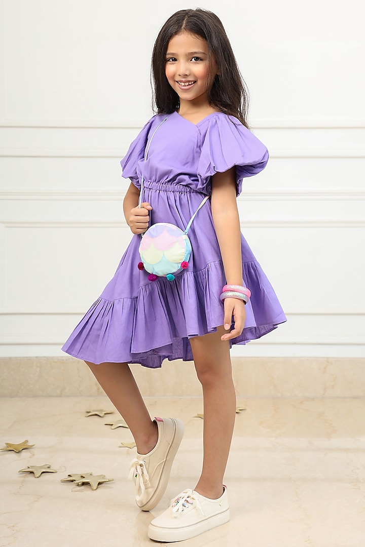 Grape Cotton Ruffled Cutout Dress For Girls by PNK Isha Arora (Pink)