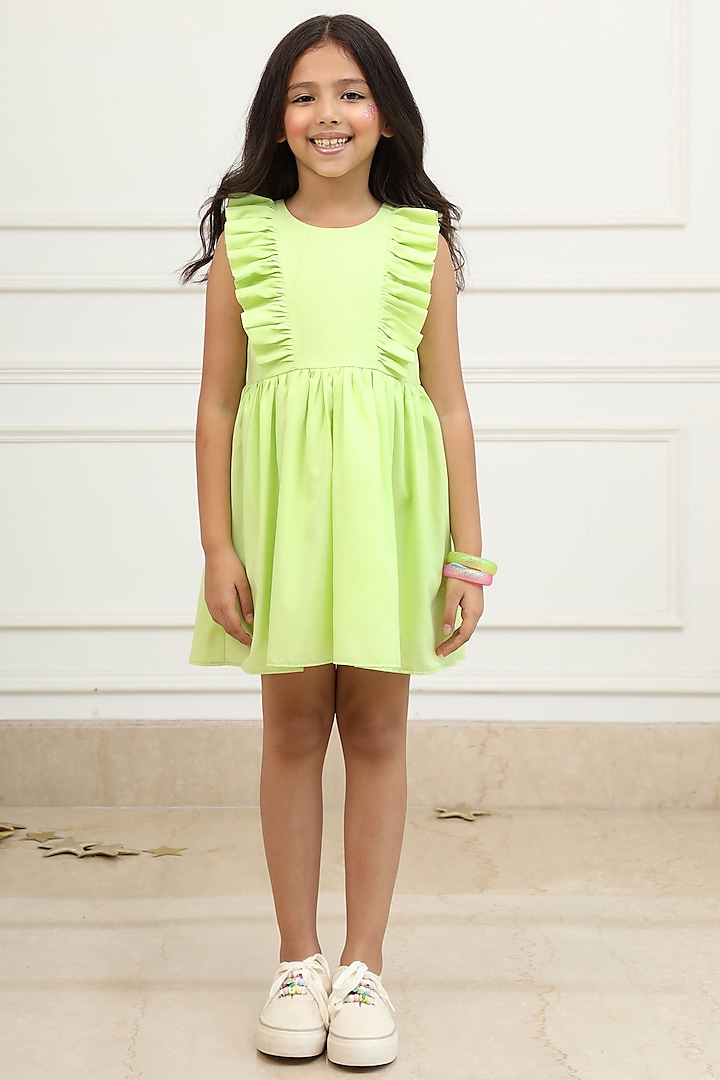 Bright Lime Ruffled Mini Dress For Girls by PNK Isha Arora (Pink)