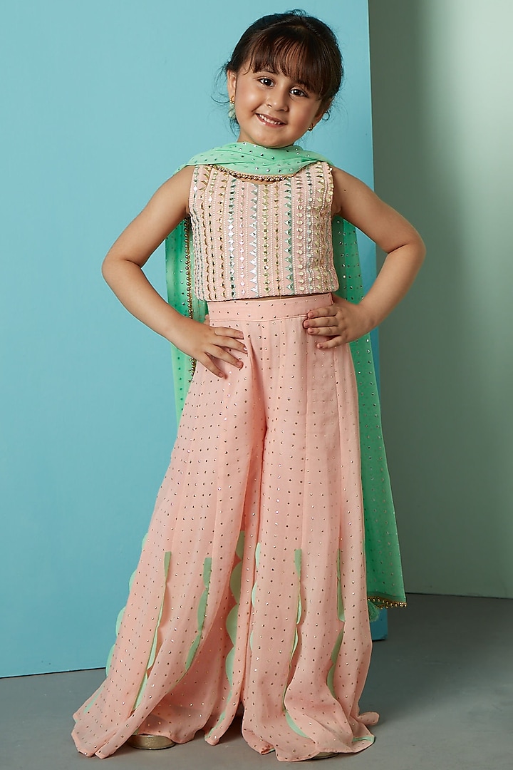 Peach Pink Viscose Panelled Pant Set For Girls by PNK Isha Arora (Pink) at Pernia's Pop Up Shop