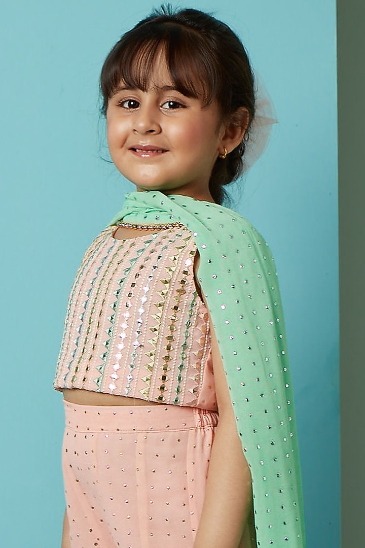 Peach Pink Viscose Panelled Pant Set For Girls by PNK Isha Arora (Pink) at Pernia's Pop Up Shop