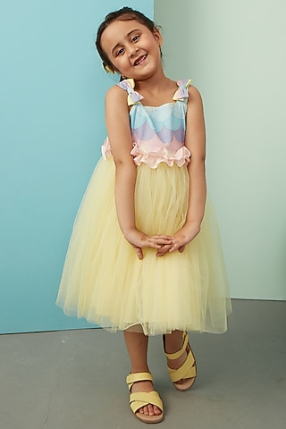 Multi-Colored Cotton Gathered Dress For Girls by PNK Isha Arora (Pink)