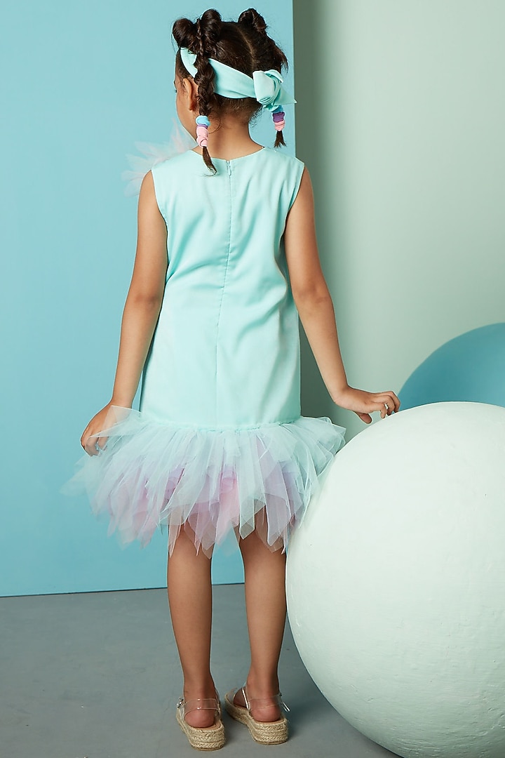 Aqua Satin Velvet A-Line Dress For Girls by PNK Isha Arora (Pink) at Pernia's Pop Up Shop