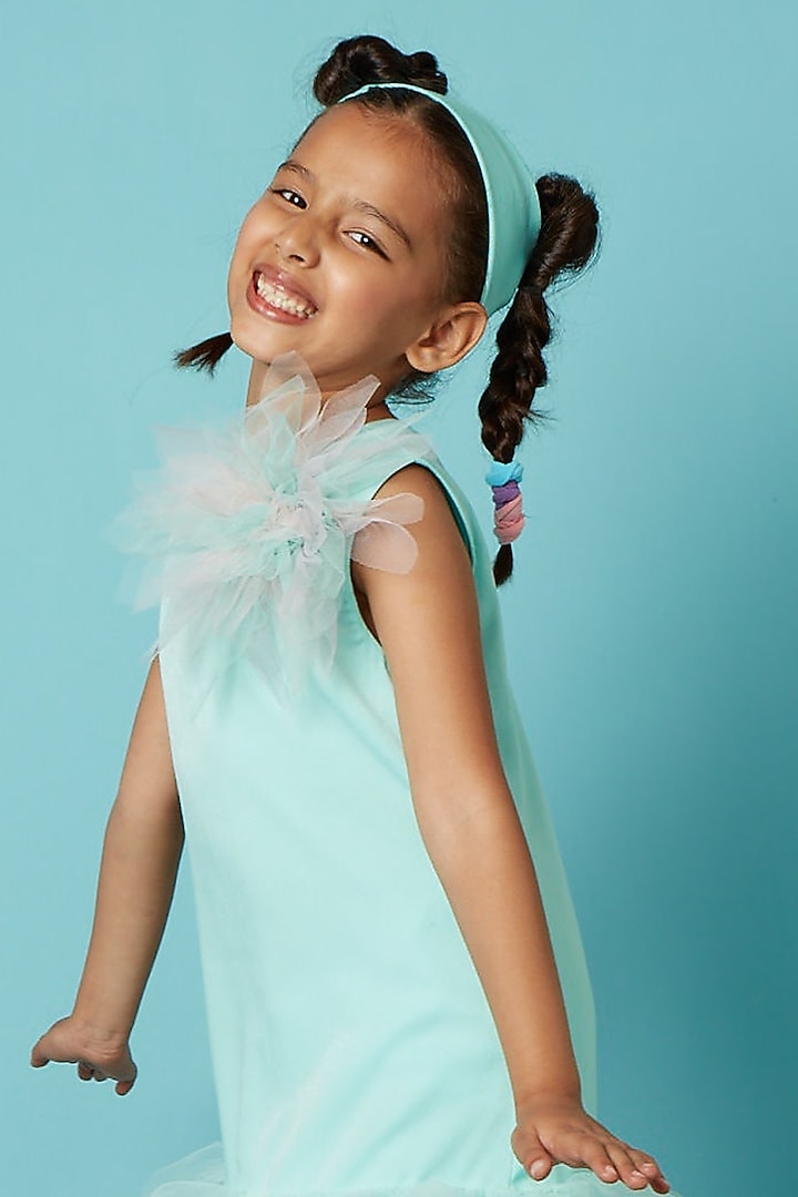 Aqua Satin Velvet A-Line Dress For Girls by PNK Isha Arora (Pink) at Pernia's Pop Up Shop