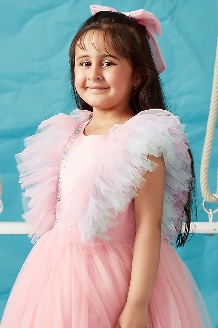Pink Moss Crepe Frilled Dress For Girls by PNK Isha Arora (Pink) at Pernia's Pop Up Shop