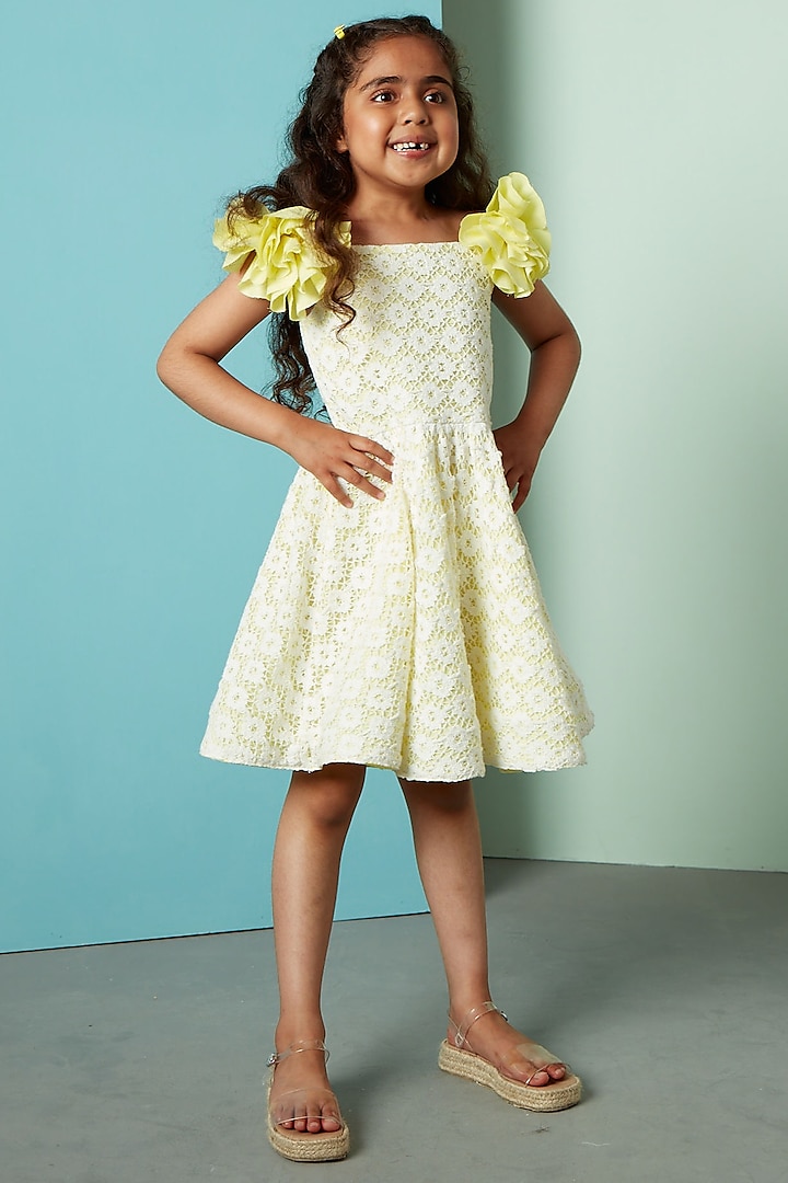 Yellow Crochet Cotton Swirl Dress For Girls by PNK Isha Arora (Pink)