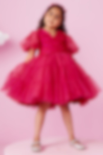 Magenta Pink Net Embellished Dress For Girls by PNK Isha Arora (Pink) at Pernia's Pop Up Shop