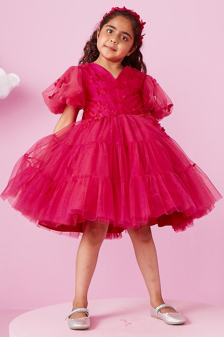 Magenta Pink Net Embellished Dress For Girls by PNK Isha Arora (Pink)