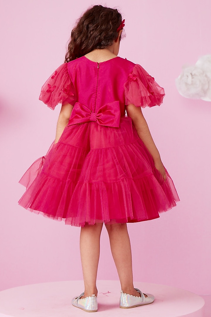 Magenta Pink Net Embellished Dress For Girls by PNK Isha Arora (Pink) at Pernia's Pop Up Shop