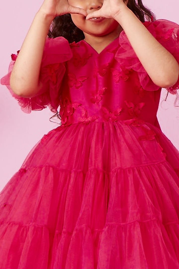 Magenta Pink Net Embellished Dress For Girls by PNK Isha Arora (Pink) at Pernia's Pop Up Shop