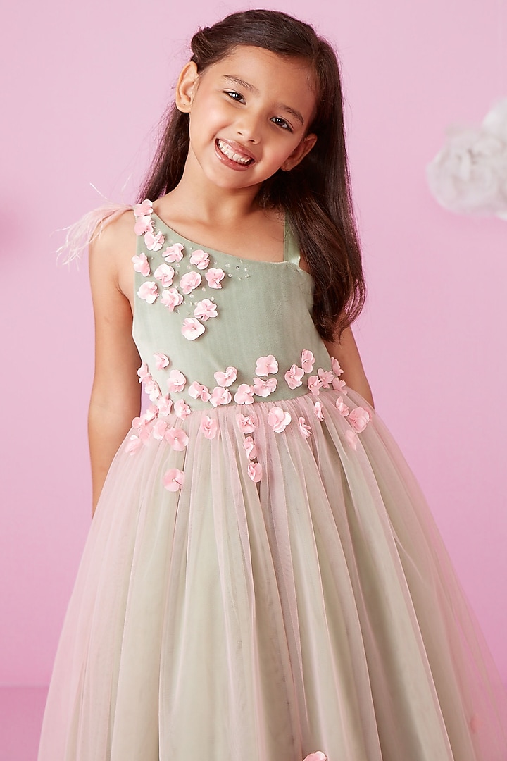 Moss Green Embellished Gown For Girls by PNK Isha Arora (Pink) at Pernia's Pop Up Shop