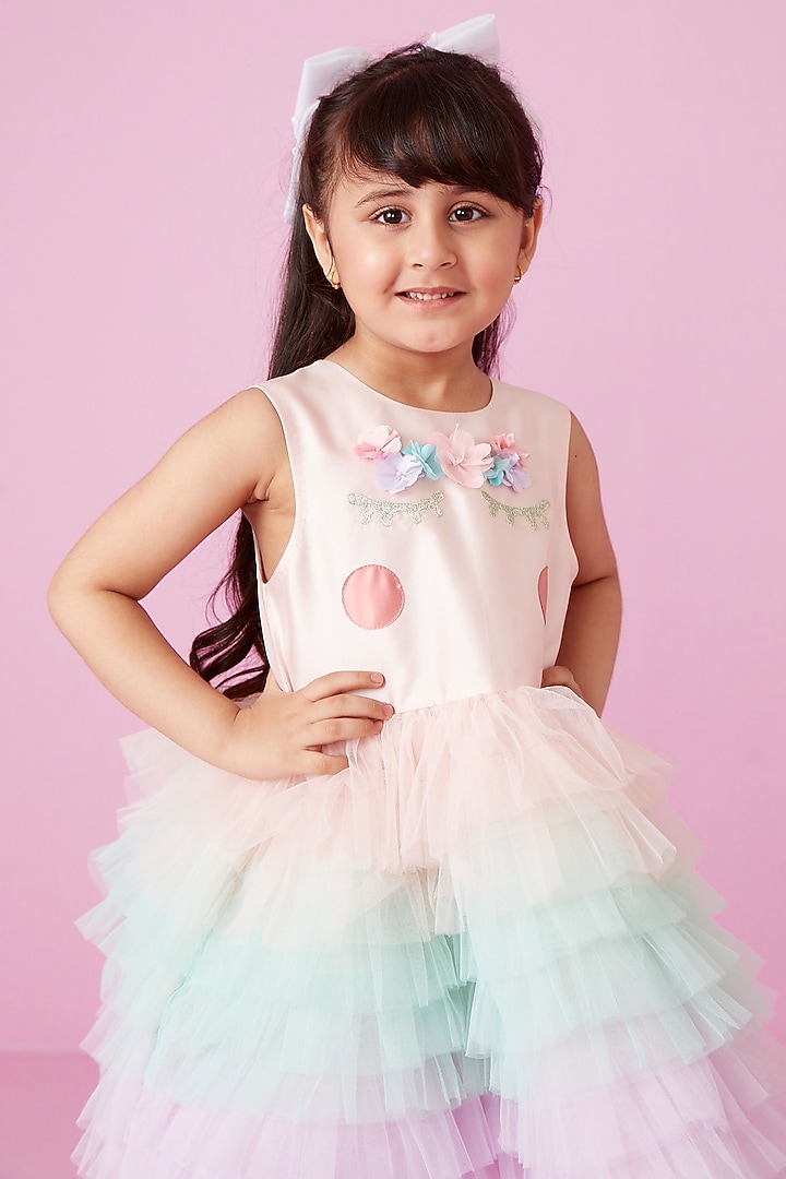 Blush Pink Embellished Ruffled Dress For Girls by PNK Isha Arora (Pink) at Pernia's Pop Up Shop