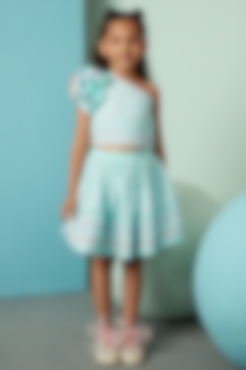 Aqua Blue Chikan Gathered Skirt Set For Girls by PNK Isha Arora (Pink)