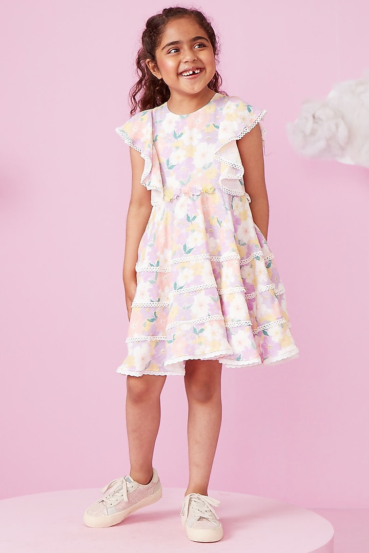 Multi-Colored Cotton Frilled Dress For Girls by PNK Isha Arora (Pink)