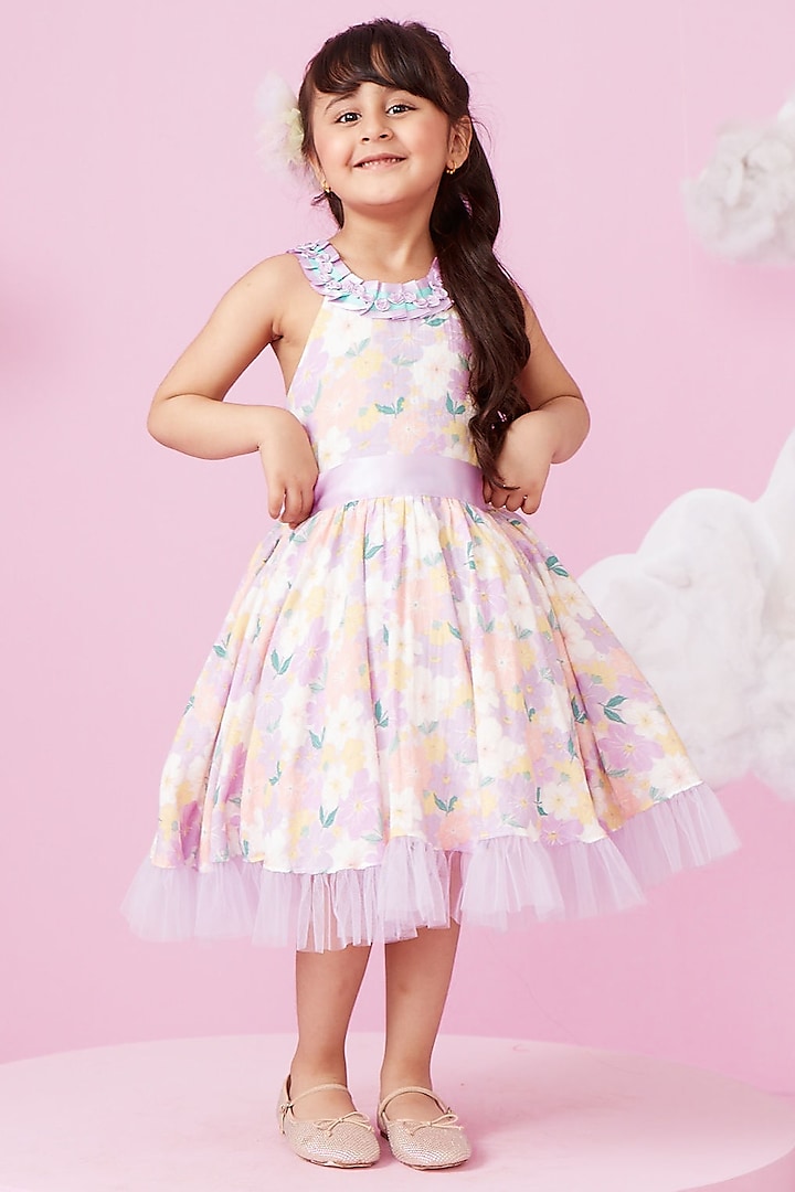 Multi-Colored Printed Frilled Dress For Girls by PNK Isha Arora (Pink)
