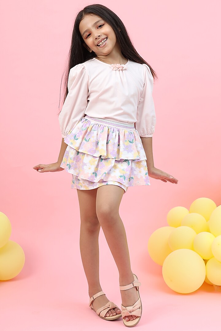 Pastel Printed Skirt Set For Girls by PNK Isha Arora (Pink)