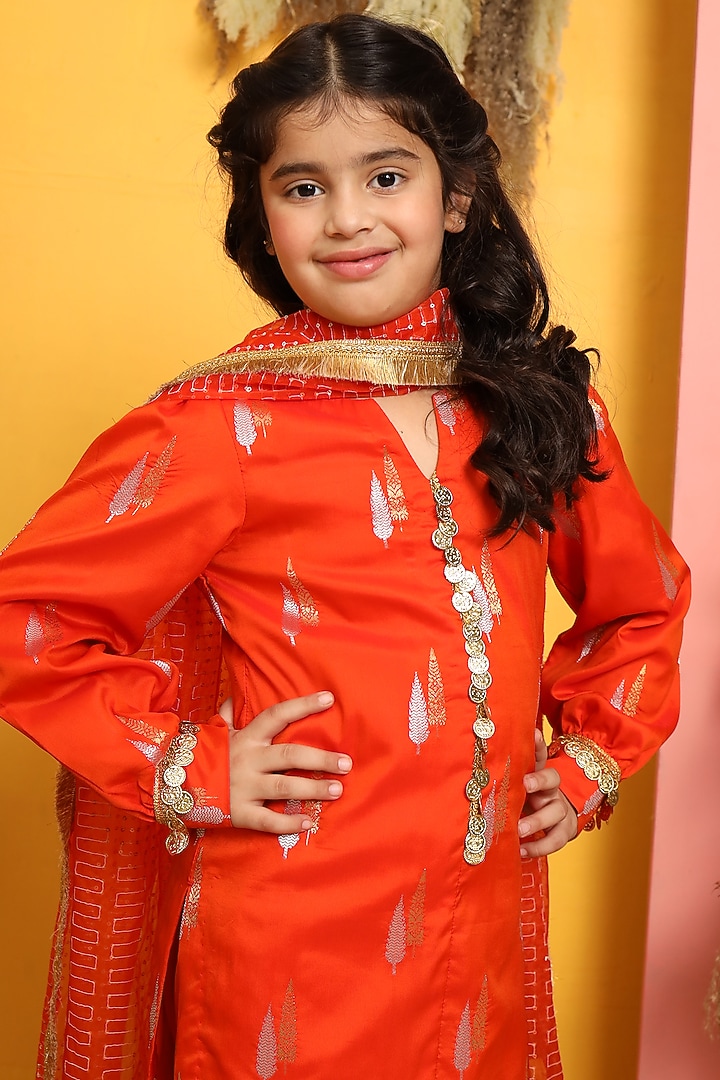 Orange Silk Kurta Set For Girls by PNK Isha Arora (Pink) at Pernia's Pop Up Shop