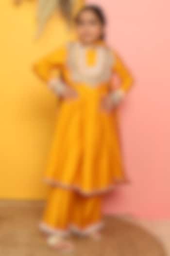 Yellow Mushroom Silk Kurta Set For Girls by PNK Isha Arora (Pink)