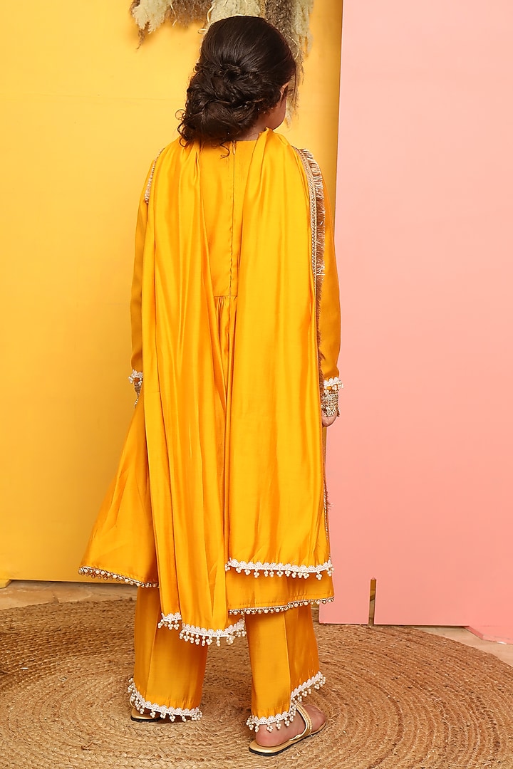 Yellow Mushroom Silk Kurta Set For Girls by PNK Isha Arora (Pink) at Pernia's Pop Up Shop