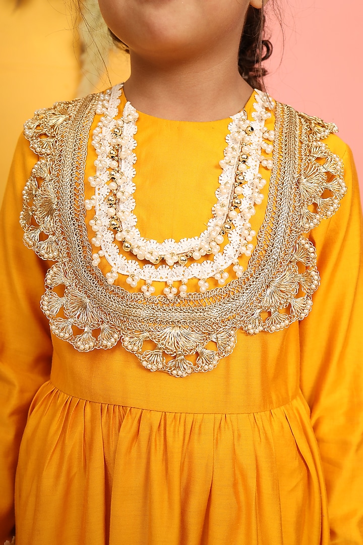 Yellow Mushroom Silk Kurta Set For Girls by PNK Isha Arora (Pink) at Pernia's Pop Up Shop