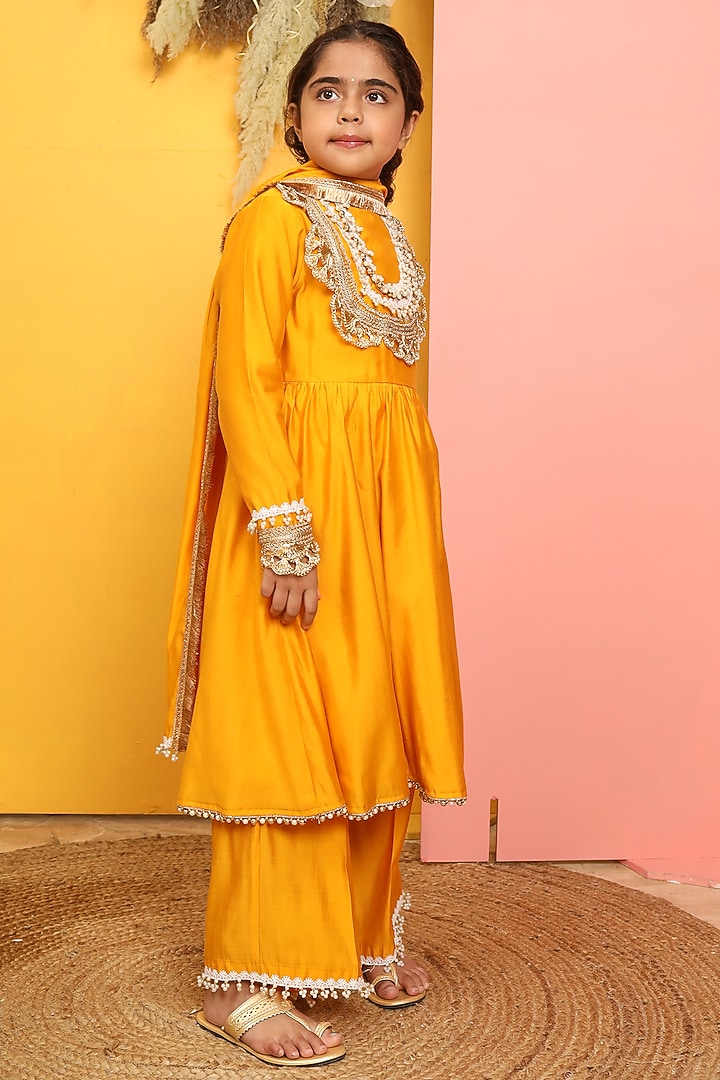 Yellow Mushroom Silk Kurta Set For Girls by PNK Isha Arora (Pink) at Pernia's Pop Up Shop